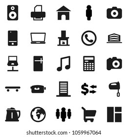 Flat vector icon set - kettle vector, mixer, calculator, music, exchange, man, skateboard, earth, camera, video, mobile phone, speaker, notebook network, office building, fireplace, cart, fridge, pc
