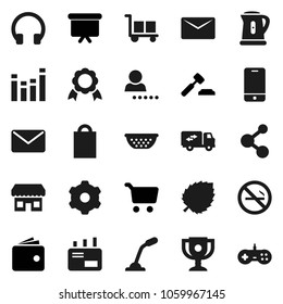 Flat vector icon set - kettle vector, colander, award cup, medal, leaf, cart, wallet, auction, presentation board, molecule, no smoking, cargo, equalizer, mobile phone, headphones, gear, mail, login