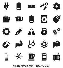 Flat vector icon set - kettle vector, atom, magnet, weight, hand trainer, muscule, boxing glove, gymnast rings, remote control, battery, rca, gear, solar panel, windmill, air conditioner, power plug