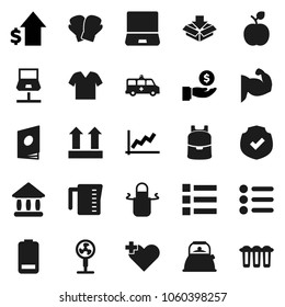 Flat vector icon set - kettle vector, measuring cup, apron, backpack, apple fruit, university, graph, investment, dollar growth, muscule hand, boxing glove, top sign, protected, notebook pc, battery
