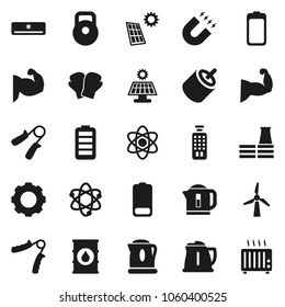 Flat vector icon set - kettle vector, atom, magnet, weight, hand trainer, muscule, boxing glove, oil barrel, remote control, battery, rca, gear, solar panel, windmill, air conditioner, factory