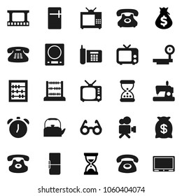 Flat vector icon set - kettle vector, glasses, alarm clock, abacus, money bag, sand, phone, big scales, film frame, tv, video camera, classic, fridge, kitchen, sewing machine