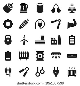 Flat vector icon set - kettle vector, weight, hand trainer, muscule, boxing glove, gymnast rings, oil barrel, remote control, battery, rca, gear, solar panel, windmill, air conditioner, factory