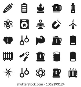 Flat vector icon set - kettle vector, atom, magnet, hand trainer, muscule, boxing glove, gymnast rings, flammable, oil barrel, remote control, battery, solar panel, windmill, speaker, heater