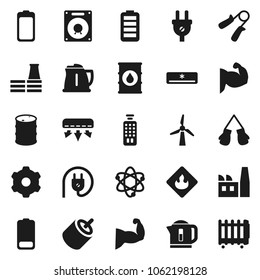 Flat vector icon set - kettle vector, atom, hand trainer, muscule, boxing glove, flammable, oil barrel, remote control, battery, rca, gear, windmill, air conditioner, factory, power plug, speaker