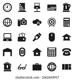 Flat vector icon set - kettle vector, glasses, case, world, calculator, clock, target, stadium, calendar, internet, hdmi, notebook network, cloud lock, barn, building, phone, home, toaster, camera