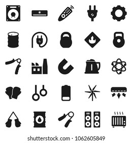 Flat vector icon set - kettle vector, atom, magnet, weight, hand trainer, boxing glove, gymnast rings, flammable, oil barrel, remote control, battery, gear, windmill, air conditioner, factory
