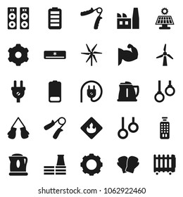 Flat vector icon set - kettle vector, hand trainer, muscule, boxing glove, gymnast rings, flammable, remote control, battery, gear, solar panel, windmill, air conditioner, factory, power plug