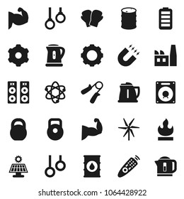 Flat vector icon set - kettle vector, atom, magnet, weight, hand trainer, muscule, boxing glove, gymnast rings, flammable, oil barrel, remote control, battery, gear, solar panel, windmill, factory