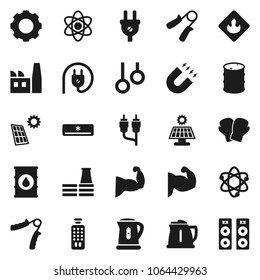 Flat vector icon set - kettle vector, atom, magnet, hand trainer, muscle, boxing glove, gymnast rings, flammable, oil barrel, remote control, rca, gear, solar panel, air conditioner, factory