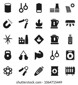 Flat vector icon set - kettle vector, atom, magnet, weight, hand trainer, muscule, boxing glove, gymnast rings, flammable, oil barrel, remote control, battery, solar panel, windmill, air conditioner