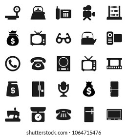Flat vector icon set - kettle vector, glasses, abacus, money bag, phone, big scales, film frame, tv, video camera, microphone, classic, fridge, kitchen, sewing machine