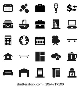 Flat vector icon set - kettle vector, scales, world, exchange, case, calculator, calendar, stadium, skateboard, satellite, video camera, cloud lock, barn, cushioned furniture, building, phone, home