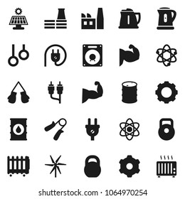 Flat vector icon set - kettle vector, atom, weight, hand trainer, muscule, boxing glove, gymnast rings, oil barrel, rca, gear, solar panel, windmill, factory, power plug, speaker, heater