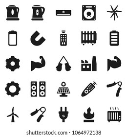 Flat vector icon set - kettle vector, magnet, hand trainer, muscule, boxing glove, flammable, remote control, battery, gear, solar panel, windmill, air conditioner, factory, power plug, speaker
