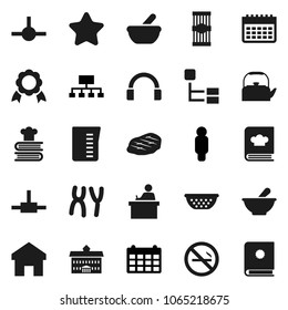 Flat vector icon set - kettle vector, colander, measuring cup, cookbook, pasta, steak, university, student, medal, man, hierarchy, calendar, no smoking, headphones, mortar, chromosomes, connect