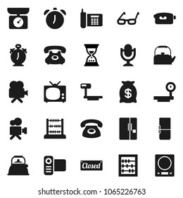 Flat vector icon set - kettle vector, glasses, alarm clock, abacus, sand, phone, big scales, video camera, microphone, fridge, tv, money bag, closed, kitchen