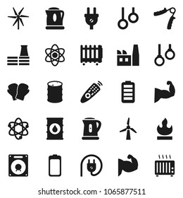 Flat vector icon set - kettle vector, atom, hand trainer, muscule, boxing glove, gymnast rings, flammable, oil barrel, remote control, battery, windmill, factory, power plug, speaker, heater