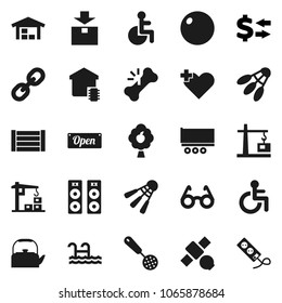Flat vector icon set - kettle vector, skimmer, glasses, exchange, fitball, shuttlecock, satellite, truck trailer, wood box, package, link, disabled, heart cross, broken bone, pool, fruit tree, barn