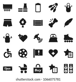 Flat vector icon set - kettle vector, apron, pen, shorts, roller Skates, shuttlecock, attention, truck trailer, wood box, film spool, satellitie, battery, disabled, heart cross, broken bone, factory