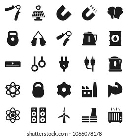 Flat vector icon set - kettle vector, atom, magnet, weight, hand trainer, muscule, boxing glove, gymnast rings, oil barrel, rca, gear, solar panel, windmill, air conditioner, factory, power plug
