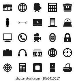Flat vector icon set - kettle vector, case, calculator, world, clock, man, stadium, skateboard, target, calendar, video camera, headphones, notebook pc, stop button, globe, lock, building, phone