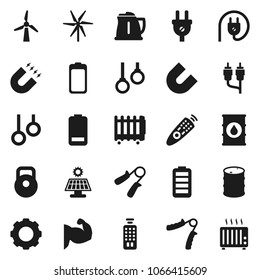 Flat vector icon set - kettle vector, magnet, weight, hand trainer, muscule, gymnast rings, oil barrel, remote control, battery, rca, gear, solar panel, windmill, power plug, heater