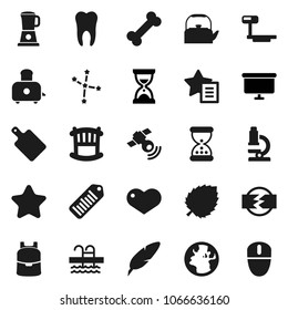 Flat vector icon set - kettle vector, cutting board, toaster, pen, backpack, microscope, leaf, constellation, sand clock, presentation, pool, bone, earth, big scales, barcode, satellitie, heart