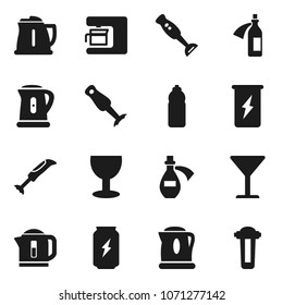 Flat vector icon set - kettle vector, blender, enegry drink, water bottle, glass, potion, coffee maker, filter