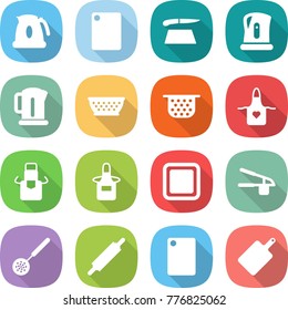 flat vector icon set - kettle vector, cutting board, colander, apron, garlic clasp, skimmer, rolling pin