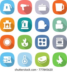 flat vector icon set - kettle vector, hair dryer, pan, cup, fireplace, cook glove, toaster, gas oven, fire, hob, coffee maker, thermometer, steak