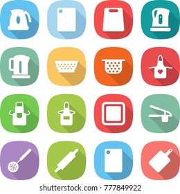 flat vector icon set - kettle vector, cutting board, colander, apron, garlic clasp, skimmer, rolling pin