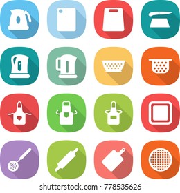 flat vector icon set - kettle vector, cutting board, colander, apron, skimmer, rolling pin, sieve