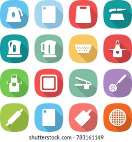 flat vector icon set - kettle vector, cutting board, colander, apron, garlic clasp, skimmer, rolling pin, sieve