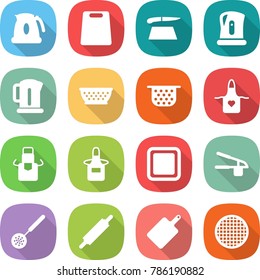 flat vector icon set - kettle vector, cutting board, colander, apron, garlic clasp, skimmer, rolling pin, sieve