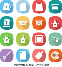 flat vector icon set - kettle vector, cutting board, colander, apron, garlic clasp, skimmer, sieve