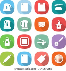 flat vector icon set - kettle vector, cutting board, colander, apron, garlic clasp, skimmer, rolling pin, sieve