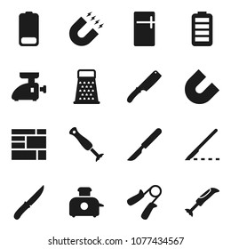Flat vector icon set - knife vector, grater, magnet, hand trainer, consolidated cargo, battery, scalpel, fridge, meat grinder, toaster, blender