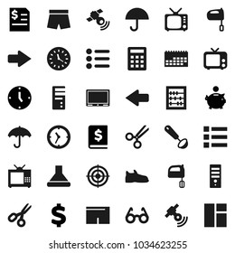 Flat vector icon set - ladle vector, mixer, glasses, scissors, abacus, piggy bank, annual report, clock, dollar sign, snickers, shorts, target, calendar, umbrella, satellitie, tv, arrow, calculator