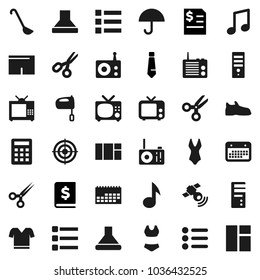 Flat vector icon set - ladle vector, mixer, scissors, music, annual report, tie, snickers, shorts, swimsuite, t shirt, target, calendar, umbrella, radio, satellitie, tv, menu, calculator, hood