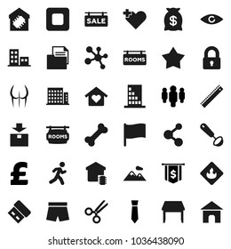 Flat vector icon set - ladle vector, ruler, flag, man, dollar, tie, pound, buttocks, shorts, molecule, bone, run, document, package, flammable, stop button, heart cross, eye, scissors, mountain, usb