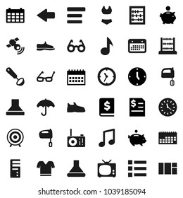 Flat vector icon set - ladle vector, mixer, glasses, abacus, music, piggy bank, annual report, clock, calendar, snickers, swimsuite, t shirt, target, umbrella, satellitie, menu, arrow, tv, hood