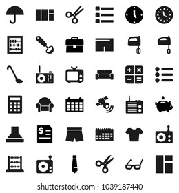 Flat vector icon set - ladle vector, mixer, glasses, scissors, abacus, piggy bank, case, annual report, clock, tie, calendar, shorts, t shirt, umbrella, radio, satellitie, tv, menu, calculator, hood