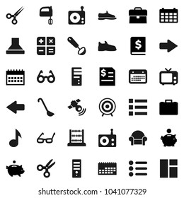 Flat vector icon set - ladle vector, mixer, glasses, scissors, abacus, music, piggy bank, case, annual report, calendar, snickers, target, radio, satellitie, tv, arrow, cushioned furniture, menu