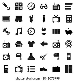 Flat vector icon set - ladle vector, mixer, glasses, music, piggy bank, case, clock, tie, snickers, shorts, swimsuite, t shirt, target, radio, satellitie, tv, scissors, menu, arrow, calculator, hood