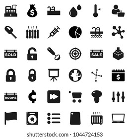 Flat vector icon set - ladle vector, cutting board, thermometer, mushroom, presentation, world, flag, constellation, pie graph, money bag, dollar calendar, cent sign, target, molecule, pool, package