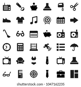 Flat vector icon set - ladle vector, mixer, glasses, abacus, music, piggy bank, case, tie, calendar, snickers, swimsuite, t shirt, target, clock, umbrella, radio, satellitie, tv, scissors, arrow
