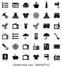 Flat vector icon set - ladle vector, mixer, scissors, piggy bank, annual report, tie, shorts, swimsuite, t shirt, target, calendar, umbrella, radio, satellitie, tv, menu, cushioned furniture, hood