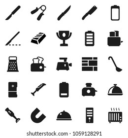 Flat vector icon set - ladle vector, knife, grater, toaster, blender, dish, award cup, magnet, gold ingot, hand trainer, consolidated cargo, battery, scalpel, fridge, meat grinder, computer, heater