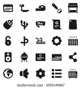 Flat vector icon set - ladle vector, cutting board, bbq, certificate, measuring, molecule, route, earth, calendar, big scales, speaker, rca, gear, arrow, unlock, pool, heating, new, market, menu